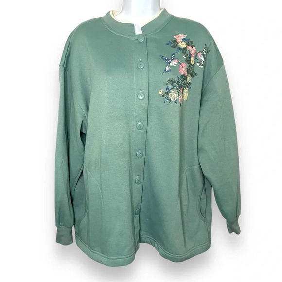 Vintage Bobbie Brooks Embroidered Floral Button-Up Sweatshirt XL Green Jacket - Picture 1 of 9